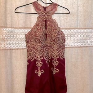 Gently worn Dave & Johnny Maroon and Gold Cocktail Dress